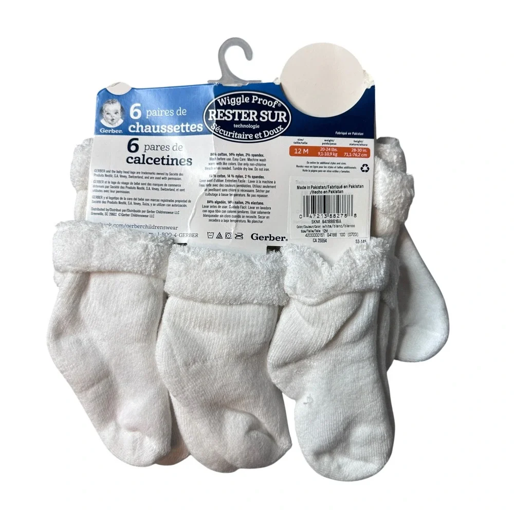 Gerber Socks Unisex 12M White Wiggle Proof Stay On 6-Pack‎ Comfy Secure Cotton